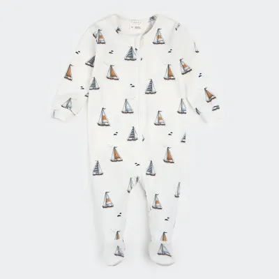 Petit Lem Footed Sleeper Knit AOP Sailboats Off White