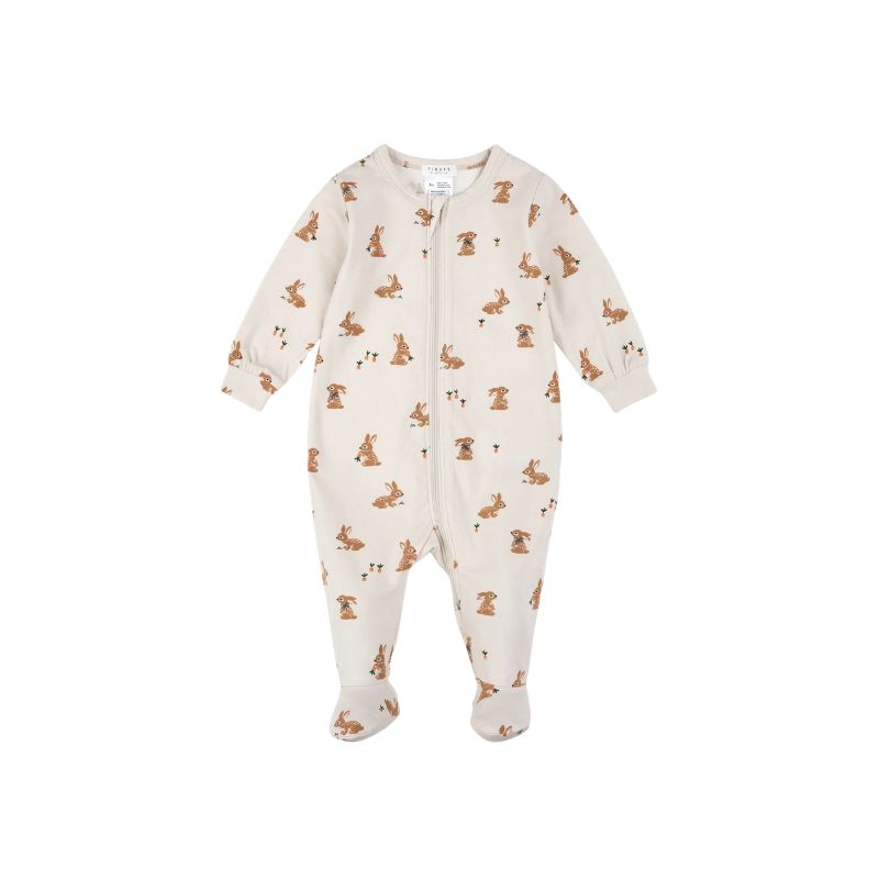 Petit Lem Footed Sleeper Knit AOP Bunnies Beige