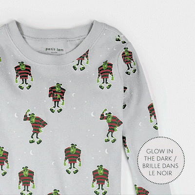 Petit Lem  2PC LS Pajamas Glow In The Dark Frankenstein Light Grey
