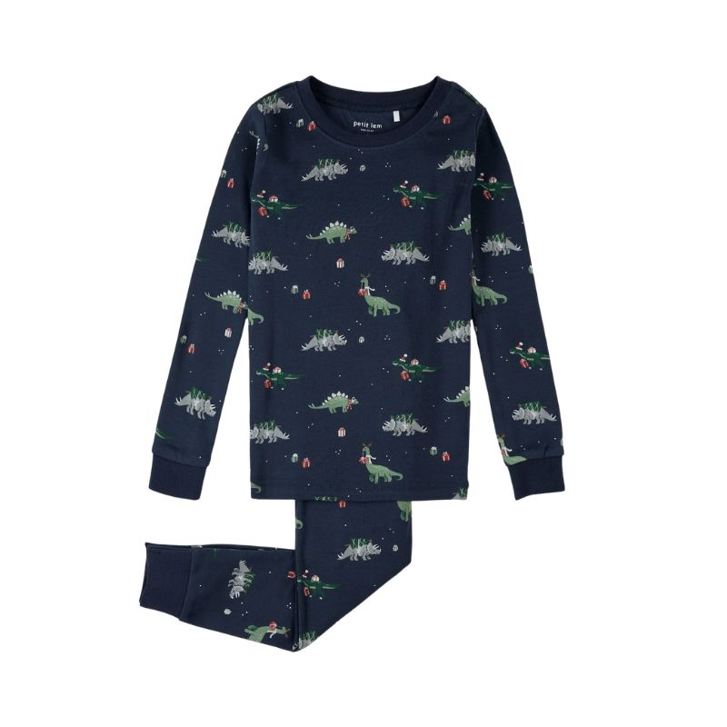 Petit Lem  2PC LS Pajamas Christmas Dinos Navy
