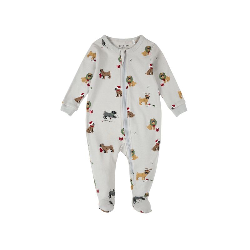 Petit Lem Footed Sleeper AOP Christmas Puppies Light Grey
