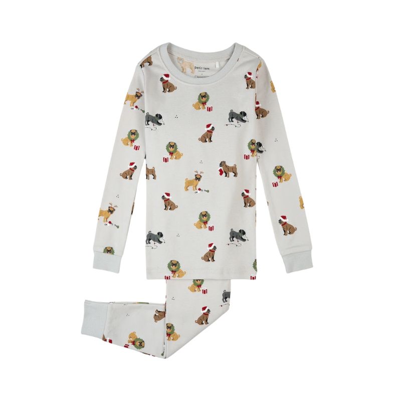 Petit Lem  2PC LS Pajamas AOP Christmas Puppies Light Grey