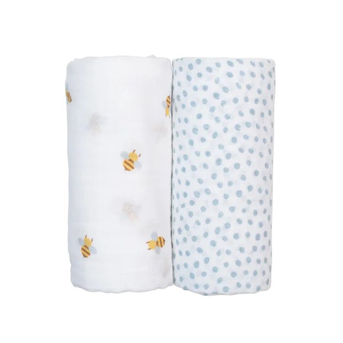 Lulujo Cotton Swaddle Blankets 40x40" 2pk Bees &amp; Dots
