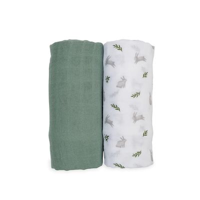 Lulujo Cotton Swaddle Blankets 40x40" 2pk Bunnies &amp; Ferns