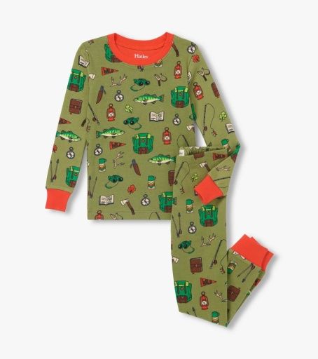 Hatley Cotton Rib Pajama Set Outdoor Explorer Loden Green, Size: 2