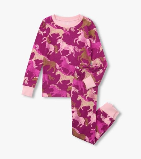 Hatley Cotton Rib Pajama Set Galloping Horses Raspberry Radiance, Size: 2