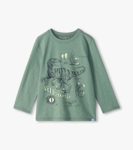 Hatley Crew Neck Tee Glow In The Dark Velociraptor Chinois Green, Size: 3