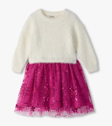 Hatley Fuzzy Mixed Dress Starburst Sequins Cream, Size: 3