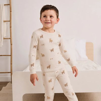 Petit Lem 2pc L/S PJ &amp; Pant Set Highland Cow Print Beige