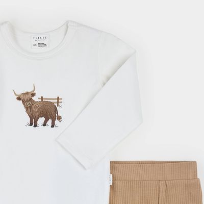 Petit Lem 2pc Knit Bodysuit &amp; Pants Set Highland Cow Off White