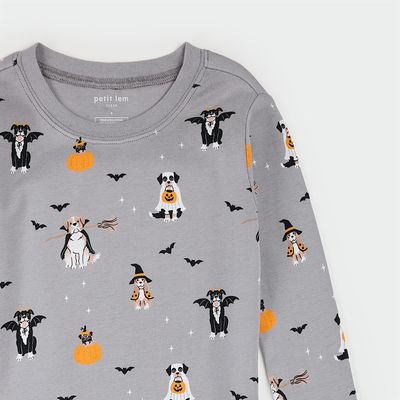 Petit Lem 2pc L/S PJ &amp; Pant Set Halloween Pets Medium Grey