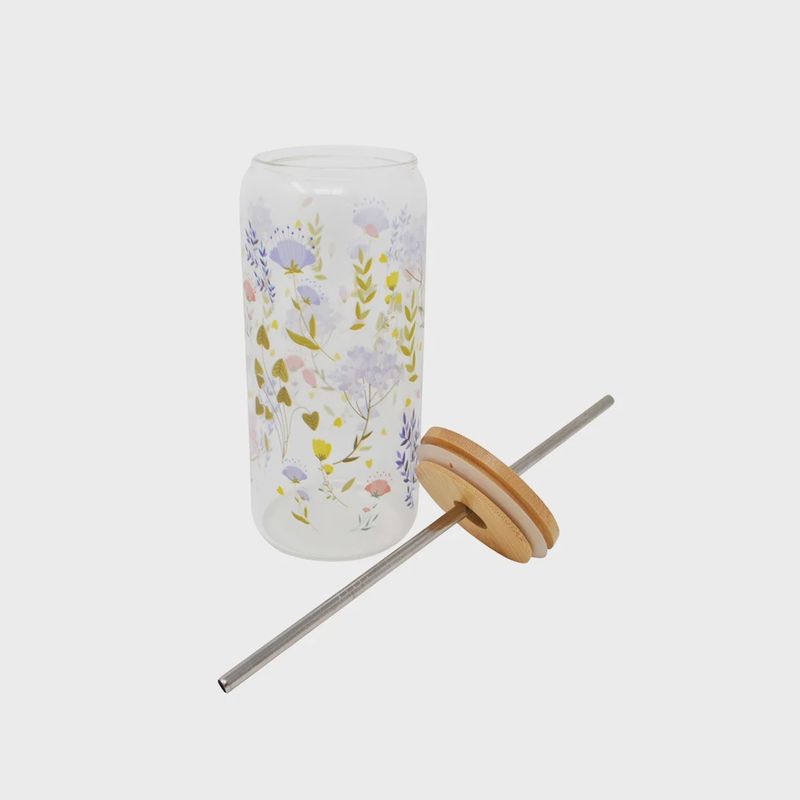 Verre – Couvercle en bois &amp; paille motif fleurettes