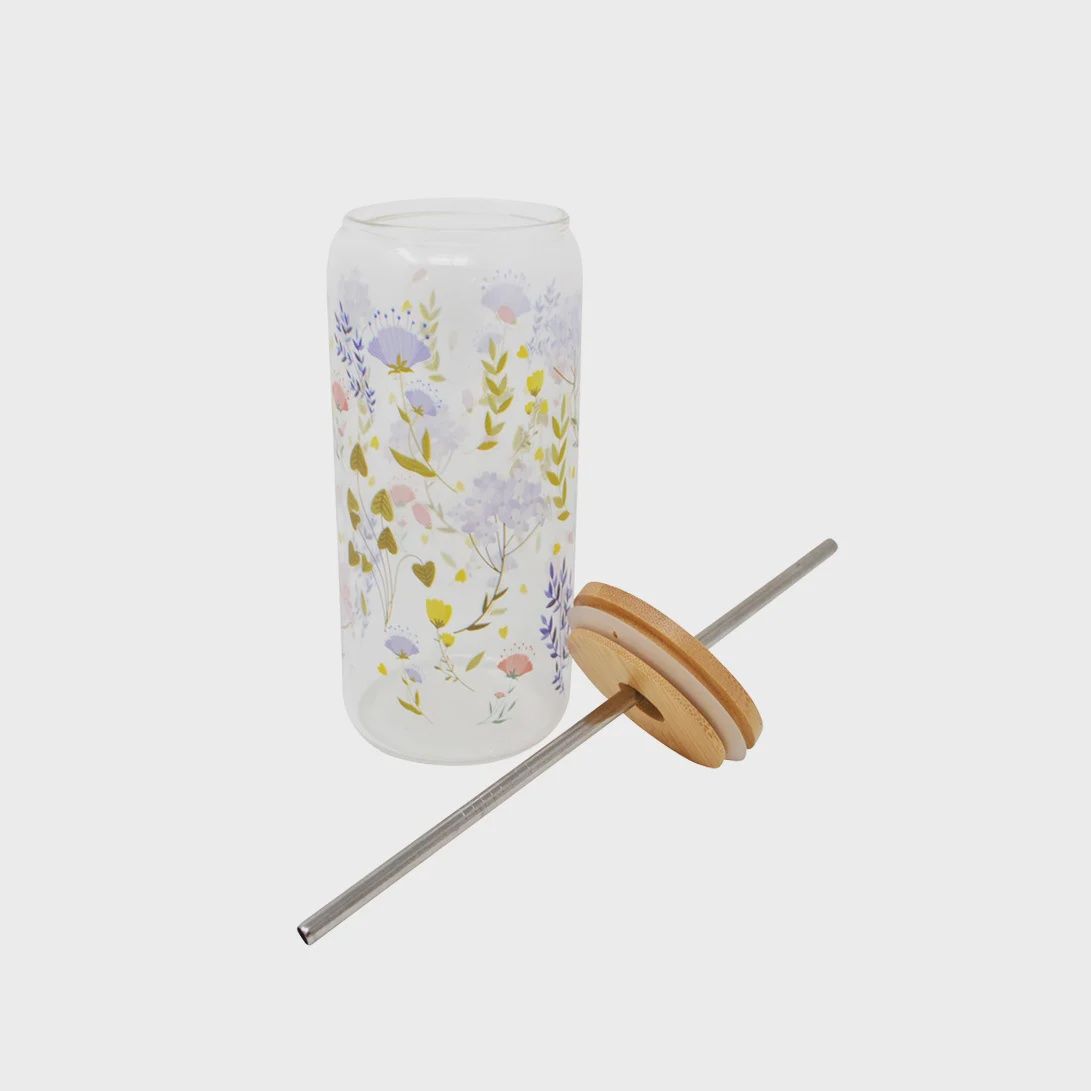 Verre – Couvercle en bois &amp; paille motif fleurettes