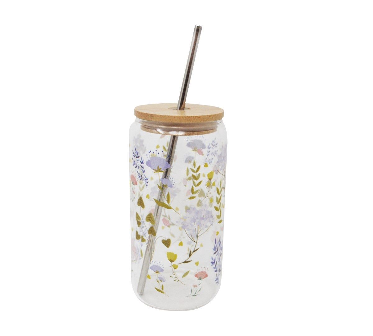 Verre – Couvercle en bois &amp; paille motif fleurettes