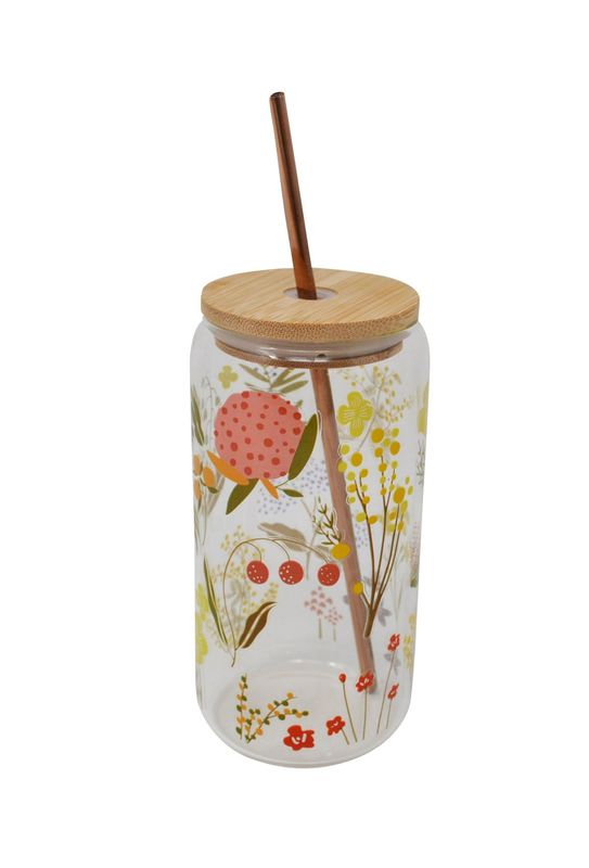 Verre – Couvercle en bois &amp; paille motifs pâquerettes