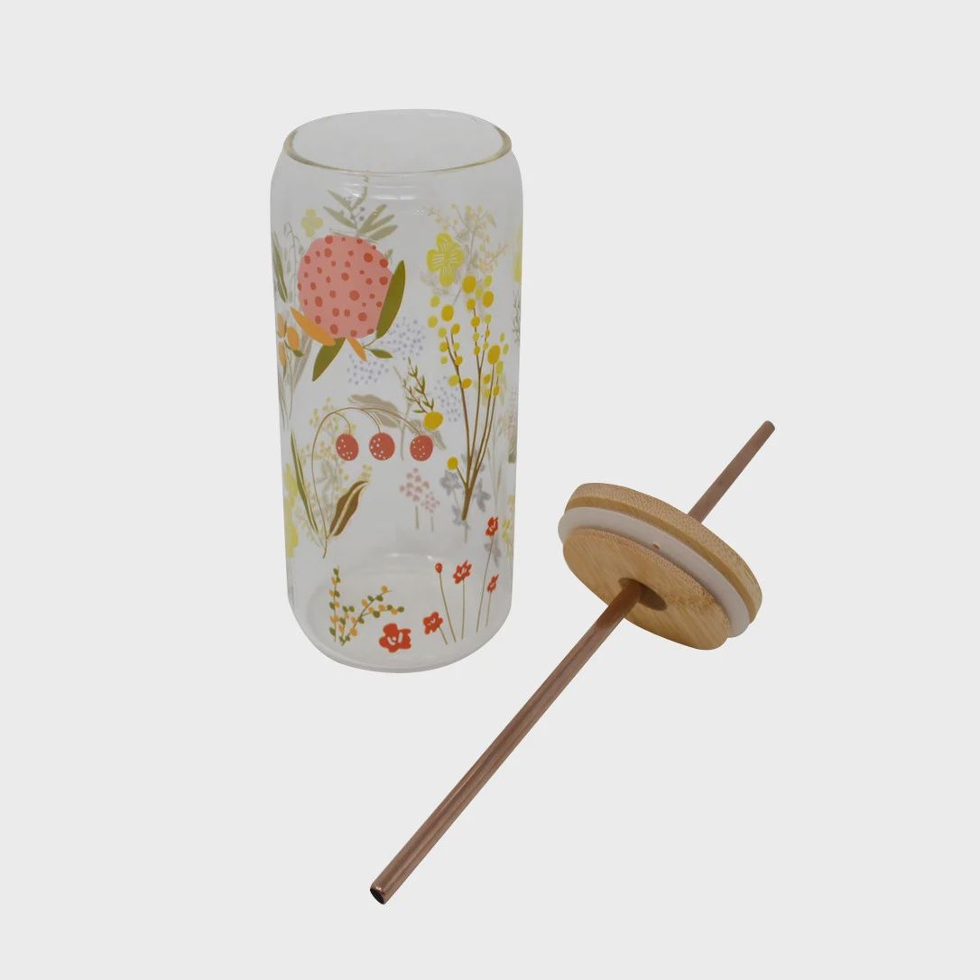 Verre – Couvercle en bois &amp; paille motifs pâquerettes