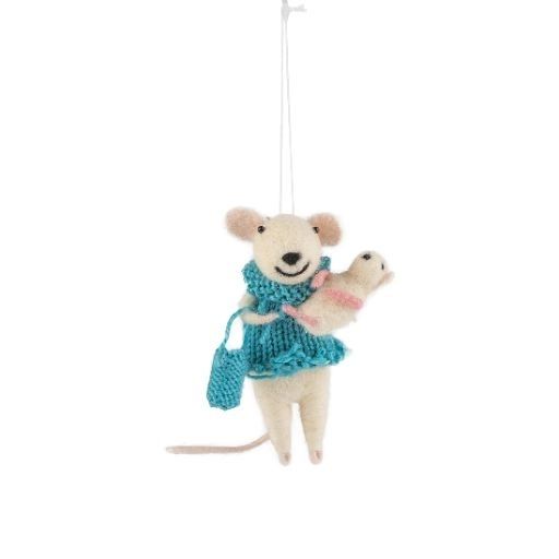 Ornement souris - Maman tricot turquoise &amp; bébé
