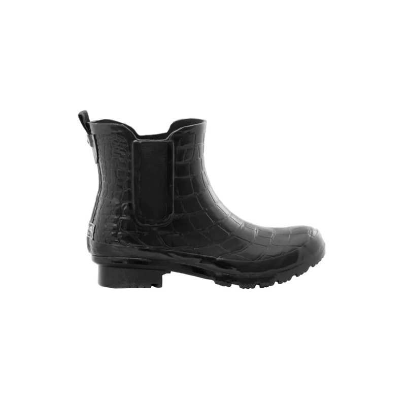 CHELSEA BLACK CROC EMBOSS WOMEN'S ANKLE RAIN BOOTS, Size: 9