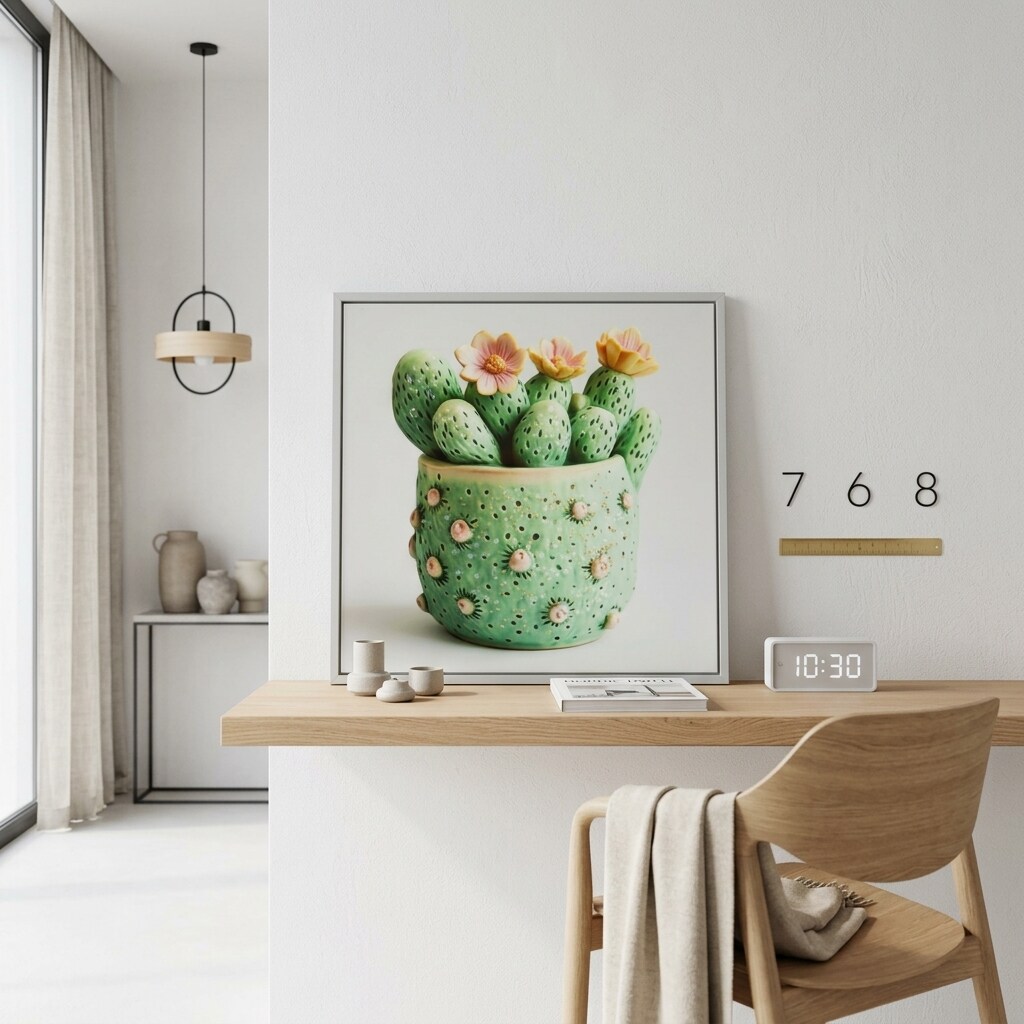 STAMPA SU TELA LACCATA C/CORNICE VASETTO CACTUS -A- CM 40X2,8X40