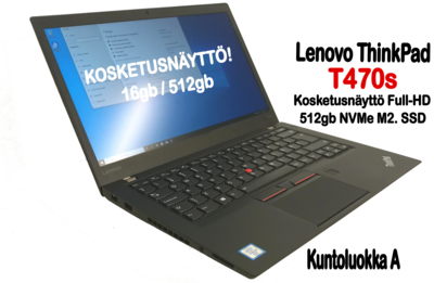 Lenovo T470s Ultrabook Core i5-7300U / Full-HD  IPS- kosketusnäytöllä ja huippunopealla 512gb NVMe M2. SSD:llä ja 16gb keskusmuistilla! (A)