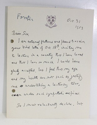Original autograph letter Signed and Inscribed By E M Forster