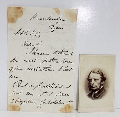 Signed and Inscribed 2 sided Letter and &#39;Carte De&#39; Visit from Charles Kingsley