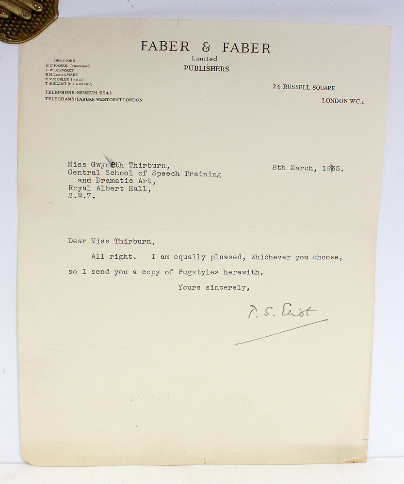 A Signed and Inscribed Letter from T S Eliot