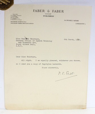 A Signed and Inscribed Letter from T S Eliot