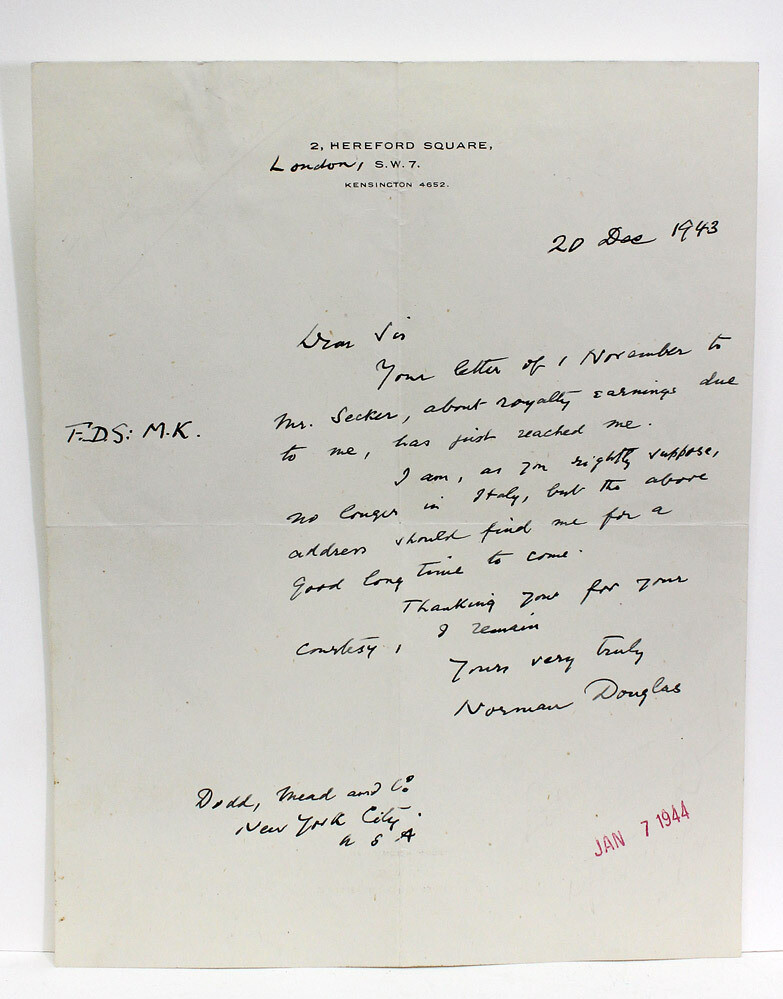 A Signed and Inscribed Letter from Norman Douglas