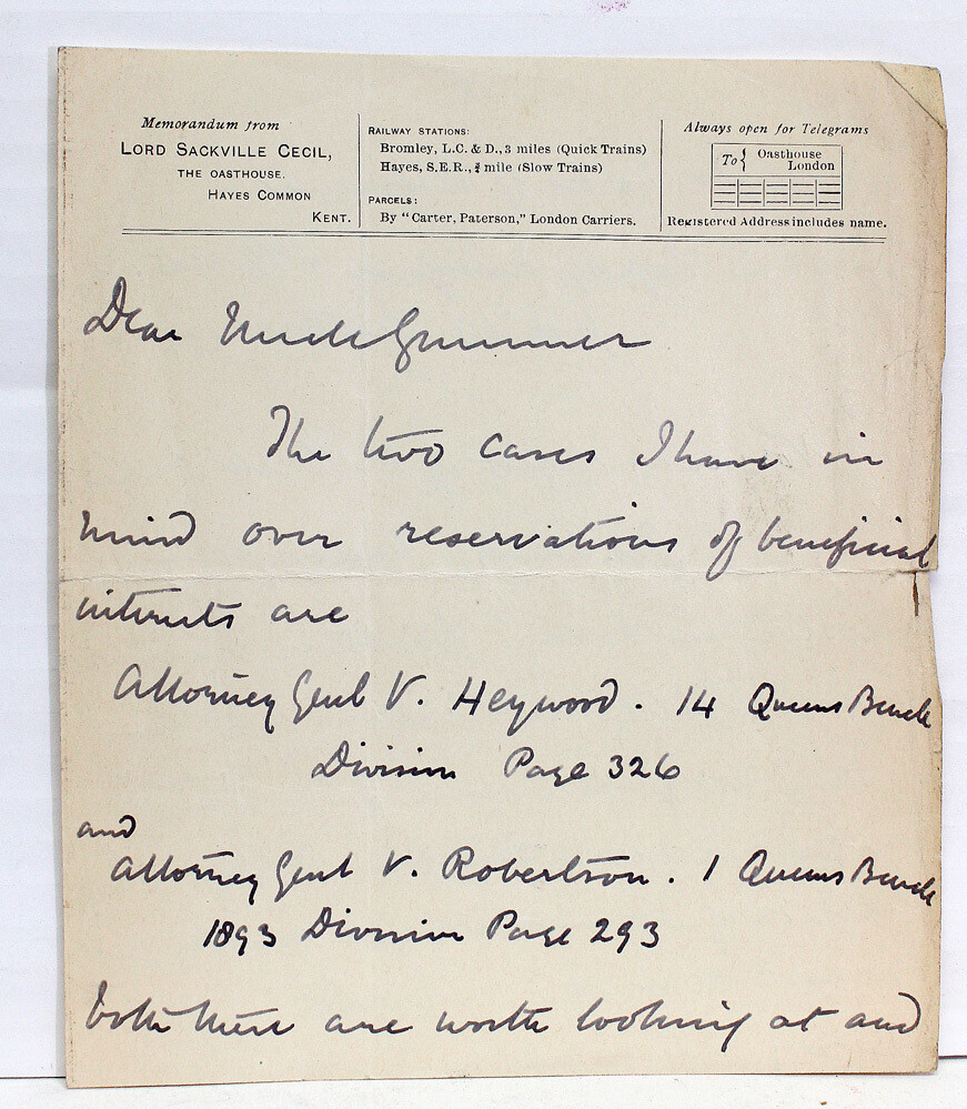 Signed and Inscribed Letter/Telegram by Lord Sackville Cecil