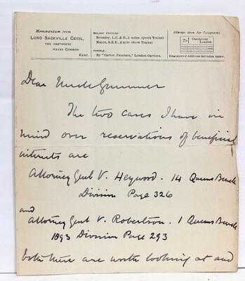 Signed and Inscribed Letter/Telegram by Lord Sackville Cecil