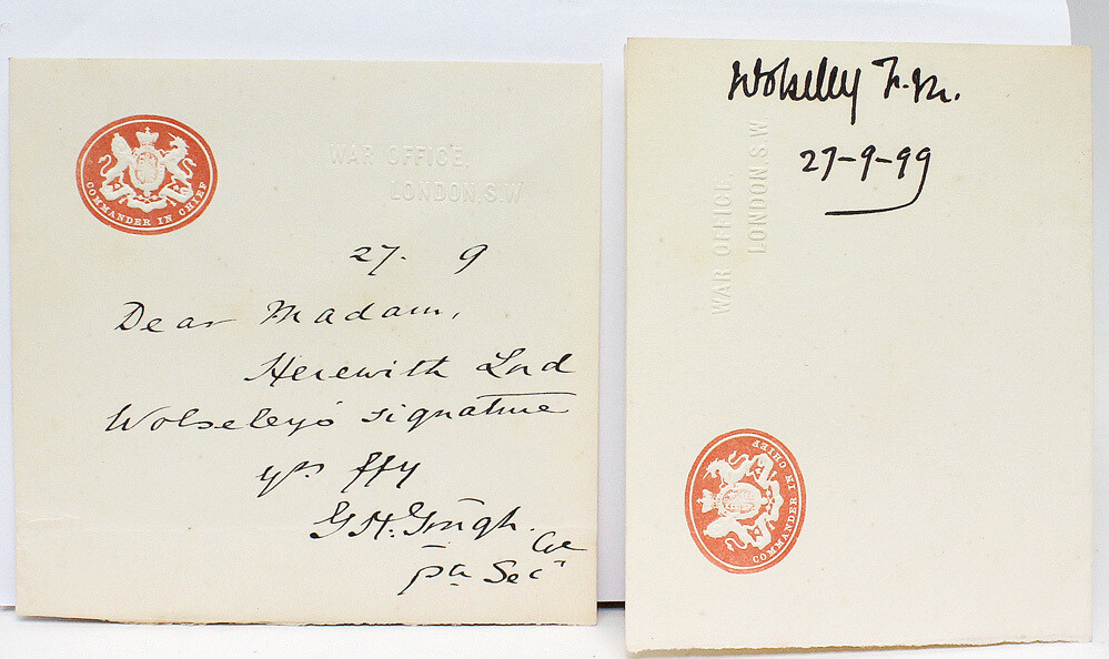 Original Signed War Office Compliments Card by  Field Marshal Garnet Joseph Wolseley