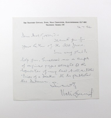 An Original Signed Address headed letter by Victor Canning and accompanied by two typed pages of working manuscript, with holograph additions and corrections, from Birds of a Feather by Victor Canning