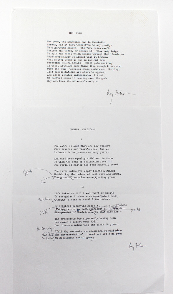 Two Original Roy Fuller Typed manuscripts of his poems The Gods and  Family Christmas with various holograph corrections.