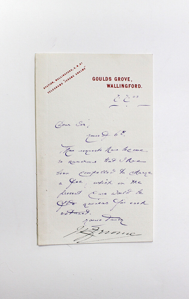 An  Original Letter Signed by Jerome K Jerome and the text body written in His Wife Georgina Elizabeth Henrietta Stanley Marris hand.