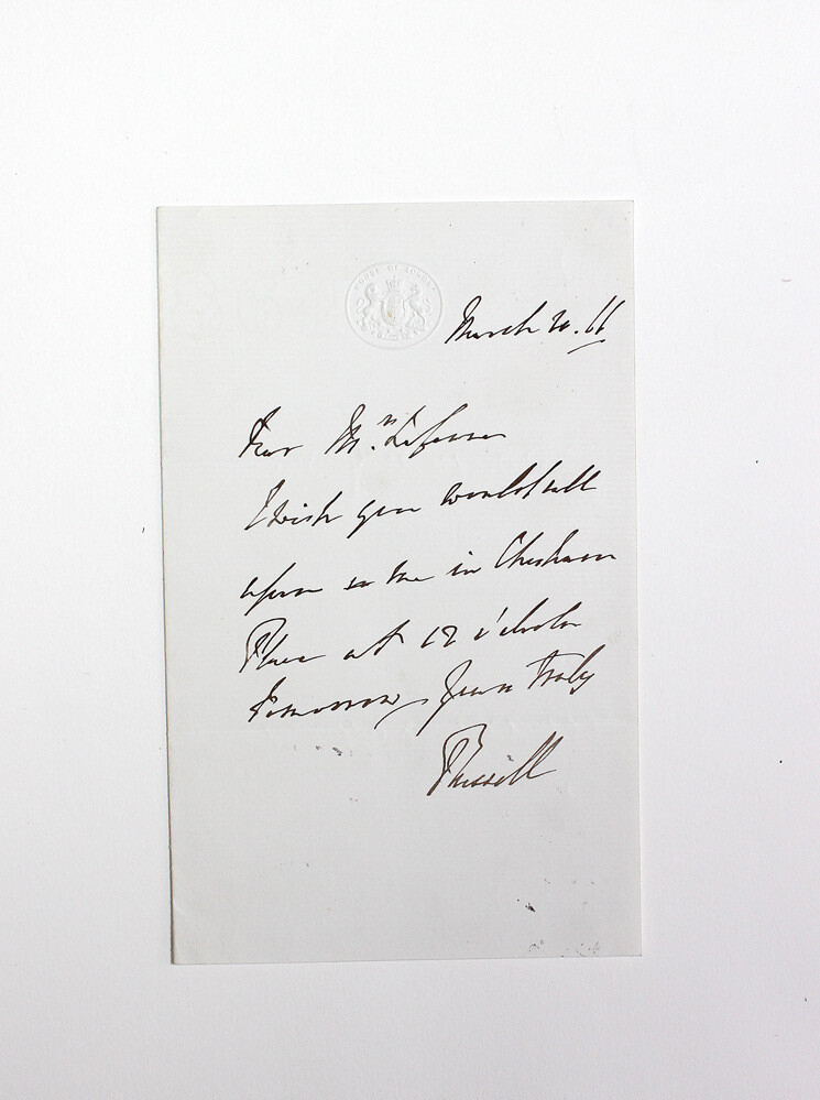 An Original  handwritten and signed House of Lords letter by Lord John Russell, Whig Prime Minister 1846-52 and 1865-66.