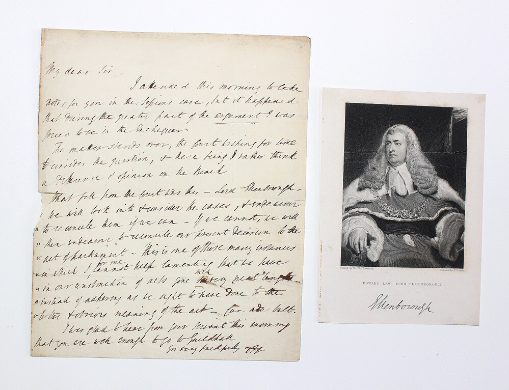 An Original Hand Written Letter by Edward Law 1st Baron Ellenborough.  Dated C1800. Minutes in letter form of Ellenborough observations of a trail between Morley and Amley. Includes an engraving of El