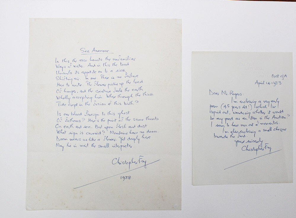 An Original Hand Written Poem and Letter from Christopher Fry.