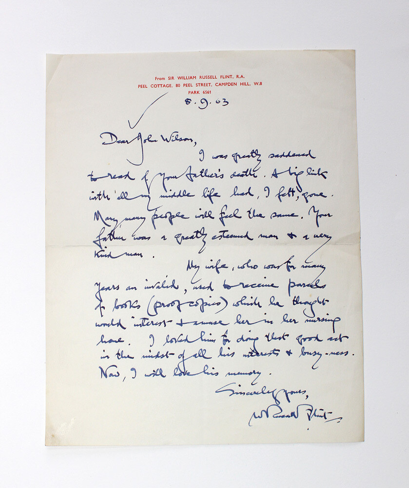 An Original Hand Written Letter and Signed by Sir William Russell Flint