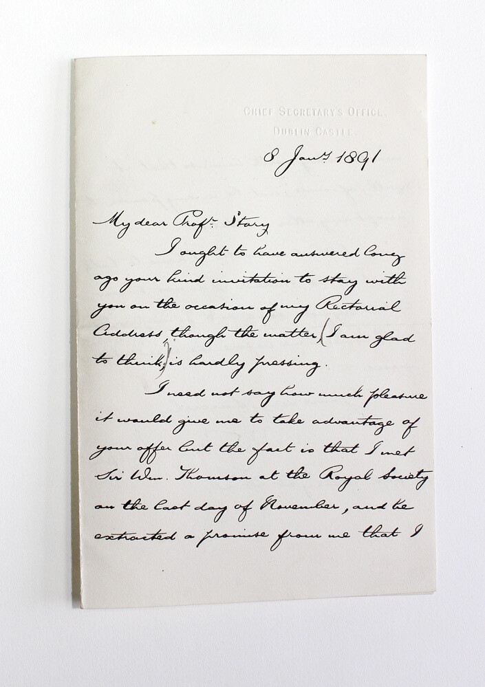 An Original Secretarial Letter embossed Chief Secretary Office, Dublin Castle and signed by future Prime Minister Arthur Balfour