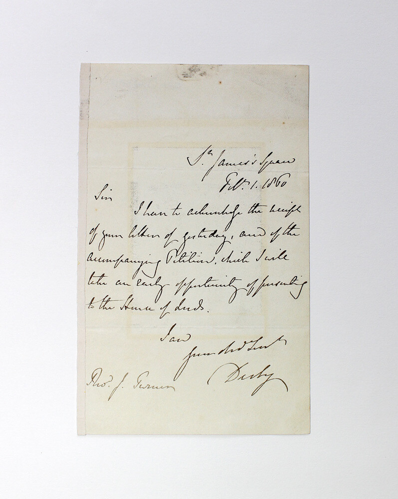 An Original  Letter Hand Written and Signed by Prime Minister Earl Derby.