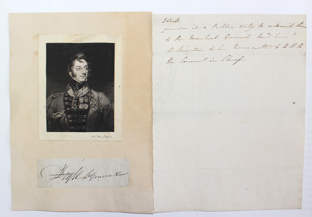 An Original Signed Slip by Sir Charles William Doyle, an Engraving and a Secretarial Army Order/Letter Addressed to him from H.R.H Commander in Chief which mentions Wellington