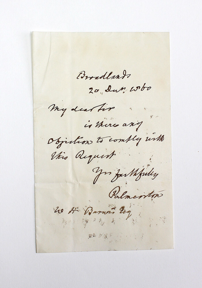 An Original Hand Written Letter Signed by Prime Minister Henry John Temple, 3rd Viscount Palmerston.
