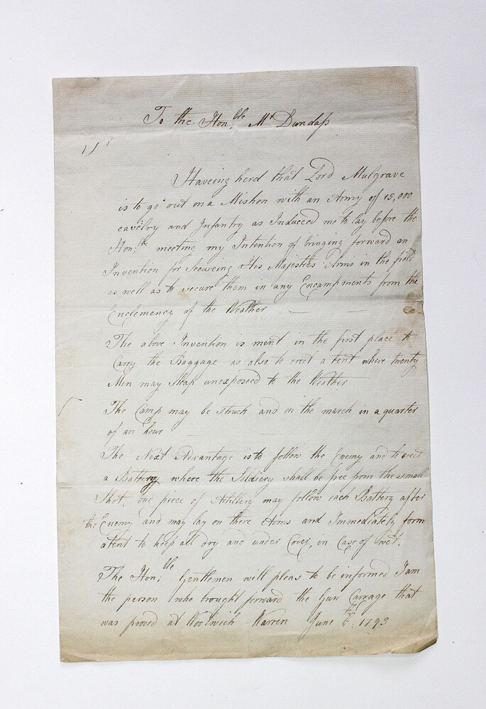 The Original Covering letter from a military inventor of the 18th century a Mr John Gover. The letter deals with various inventions under discussion and on trial with the British Military.