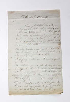 The Original Covering letter from a military inventor of the 18th century a Mr John Gover. The letter deals with various inventions under discussion and on trial with the British Military.