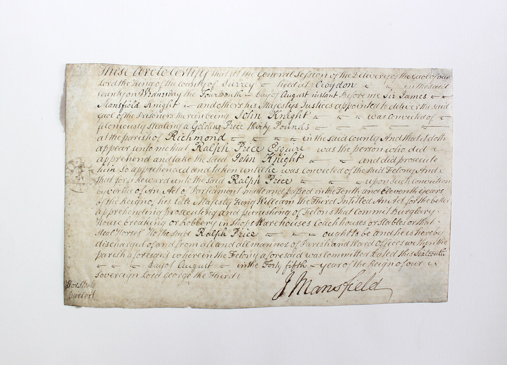 An Original Hand Written General Session of the Delivery of Gaol in the County of Surrey and Richmond led by Sir James Mansfield and other justices.