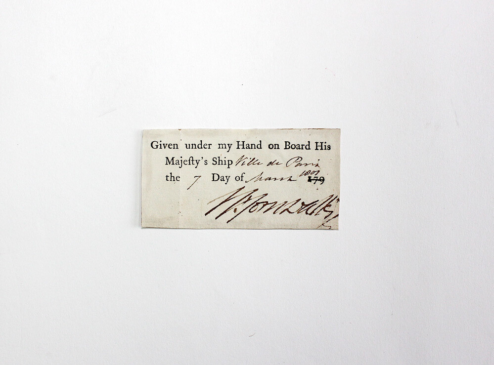 An Original Signed Paper Slip on Board His Majesty&#39;s Ship H.M.S De Paris by British naval officer Admiral William Cornwallis. Dated 1801.