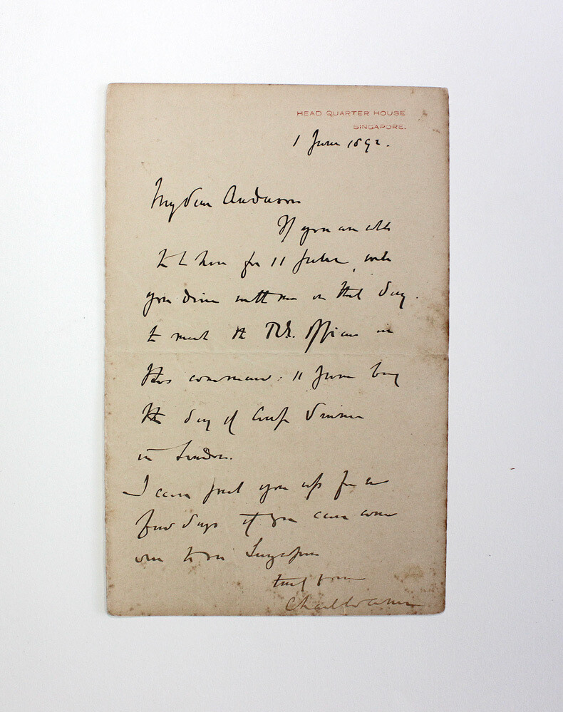 Original Letter from Head Quarter House Singapore Written/Signed by General Sir Charles Warren. He was Police Chief of the London Police, from 1886 to 1888 during the Jack the Ripper murders.