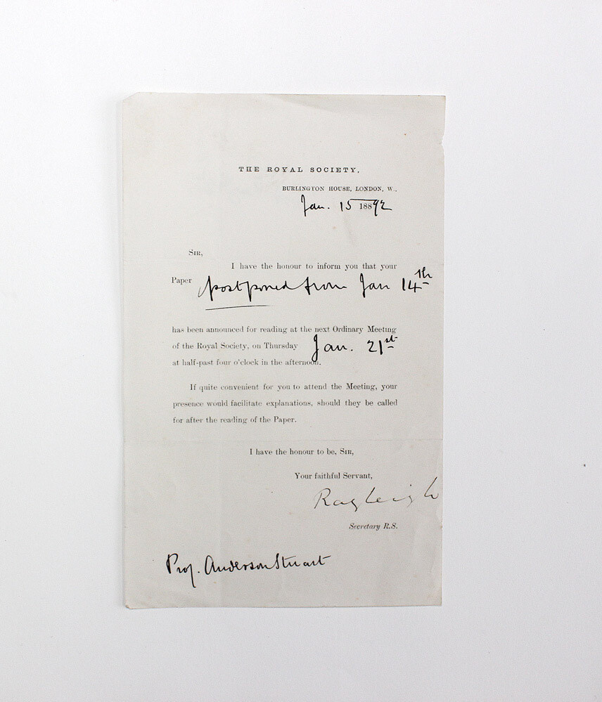 An Original Royal Society Part Written/Printed letter to Professor Peter Anderson Stuart and Signed by John William Strutt, 3rd Baron Rayleigh