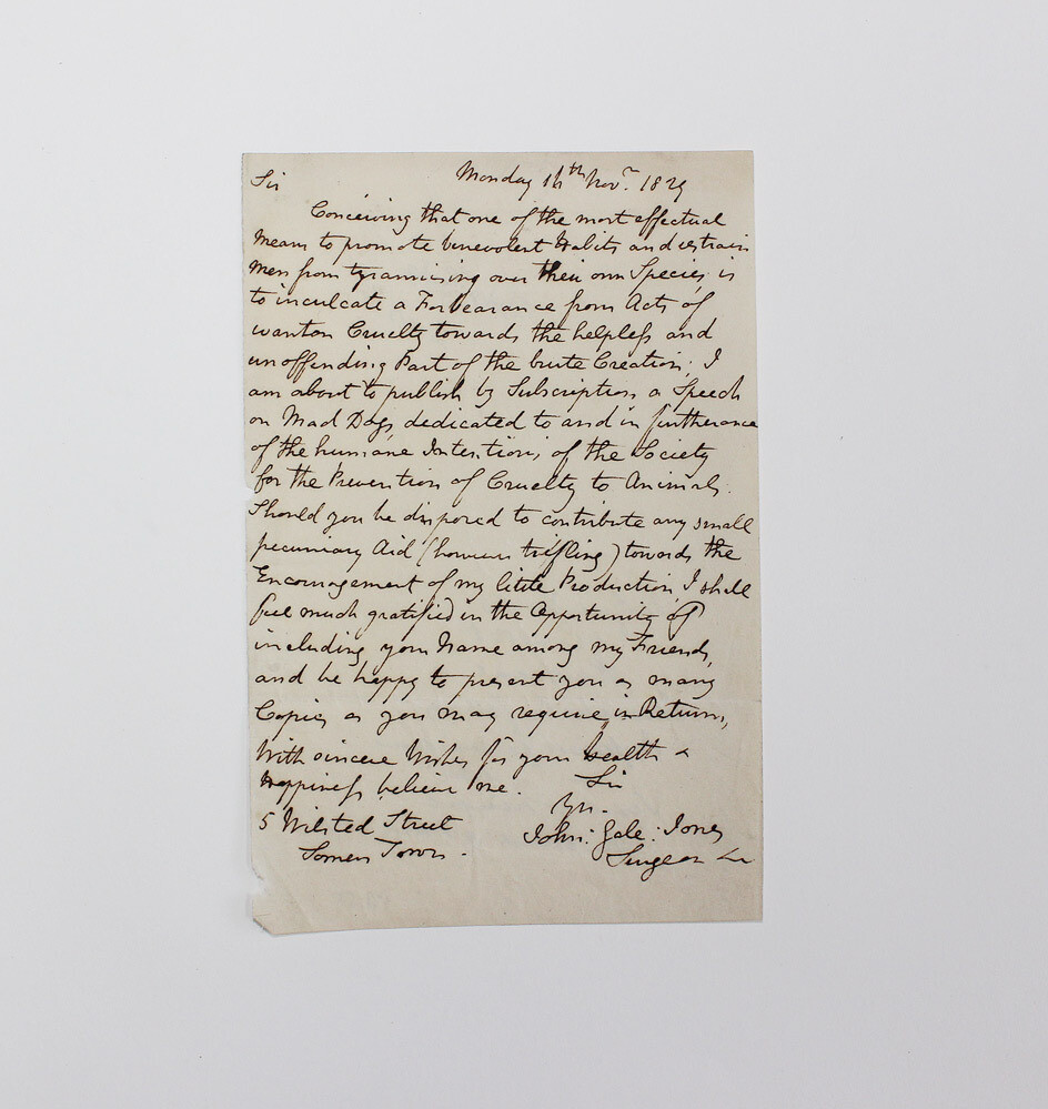 An Original Letter Signed and Written by John Gale Jones in Relation to the Society for the Prevention of Cruelty to Animals